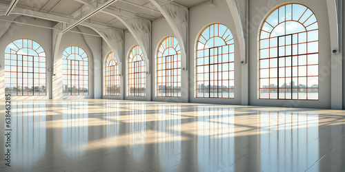 Big Empty room in light colors, big windows, vintage style. Empty banquet hall with a parquet floor. 