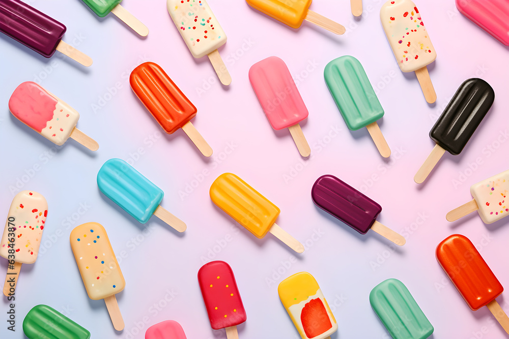 delicious colorful ice cream on the table, ice cream sticks of various flavors delicious colorful ice cream on the table, ice cream sticks of various flavors