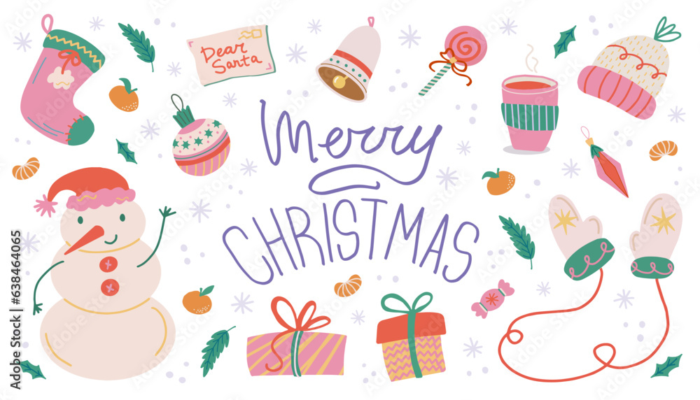 Fototapeta premium Trendy Merry Christmas and New Year elements set. Hand drawn vector isolated cute stickers. Snowman, mittens, knitted hat, tanderines, tree toys, bell. Good for cards, prints, posters