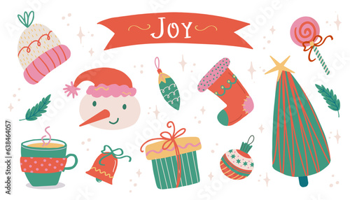 Christmas and New Year elements set. Joy label lettering. Hand drawn vector isolated cute stickers. Snowman, Christmas tree, stocking, lollipop, mug, tree toys. Good for cards, prints, posters