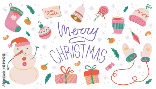 Trendy Merry Christmas and New Year elements set. Hand drawn vector isolated cute stickers. Snowman, mittens, knitted hat, tanderines, tree toys, bell. Good for cards, prints, posters