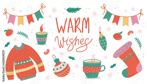 Merry Christmas and New Year elements set. Warm wishes lettering. Hand drawn vector isolated cute stickers. Sweater, candle, stocking, flags, mug, tree toys. Good for cards, prints, posters