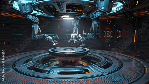 3d rendering of highly detailed futuristic hall with robotic arms or cybernetic sci-fi space station designed for machinery building.