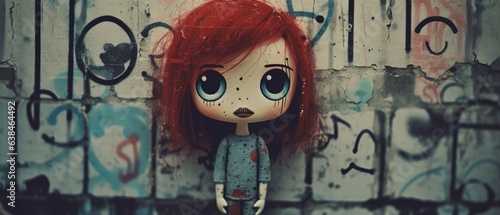 Concrete urban wall art with graffiti and doodles painted on it, comical mugshot pose of a strange toy doll with red hair standing in front of it, grunge vintage film aesthetics - generative AI