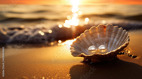 A seashell rests on the beach at sunset