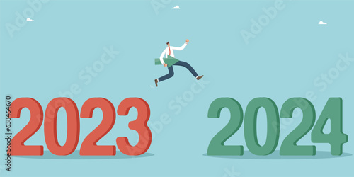 Positive attitude and motivation for success and growth of the business in the new 2024, overcoming obstacles and solving unfinished tasks in the outgoing year, man with arrow jumps from 2023 to 2024.