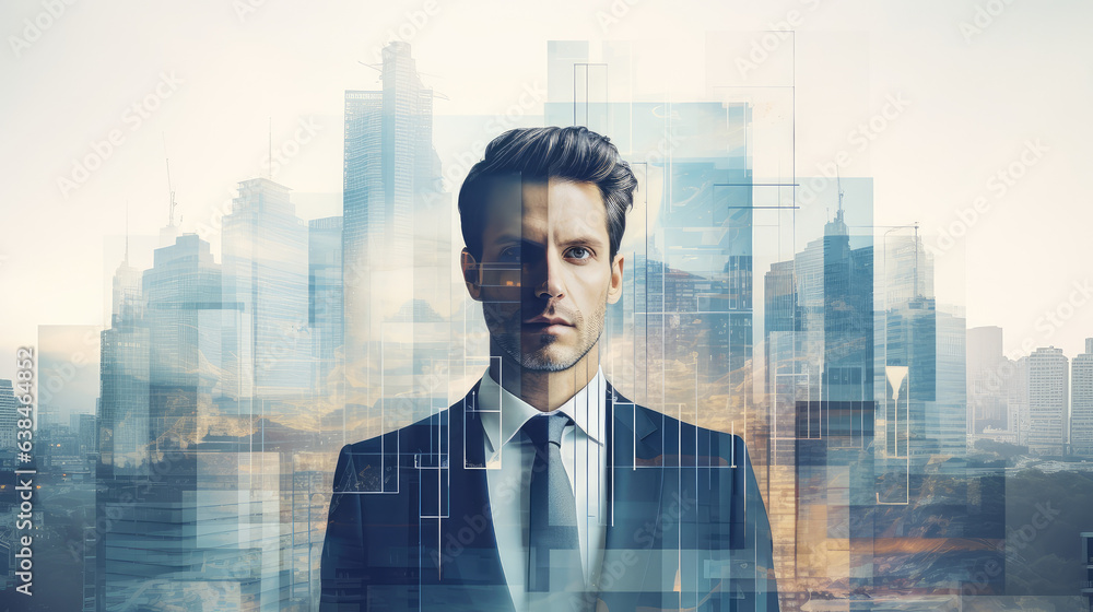 Fototapeta premium Double exposure of a business man in a suit in front of a city building background