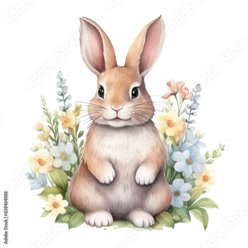 Watercolor illustration of a cute rabbit looking straight ahead and some flowers in front of a white background