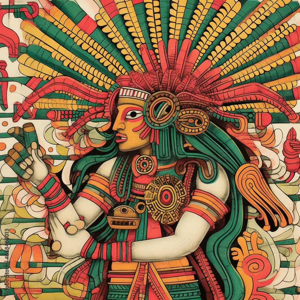 Aztec god red and green illustration made with Generative AI 
