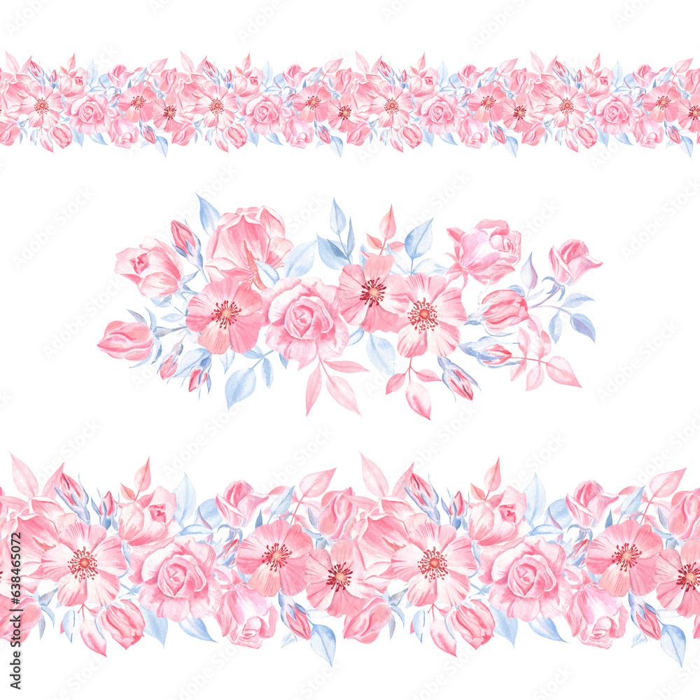 Set of the watercolor roses compositions - floral arrangement and seamless garlands. For the greeting cards, stationery goods, wedding invitations, packaging 