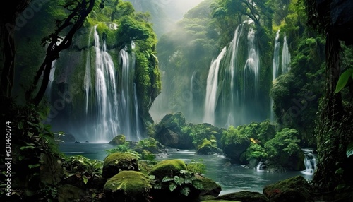 A beautiful waterfall surrounded by trees in the middle of the forest  grandiose natural splendor  sunny rays.