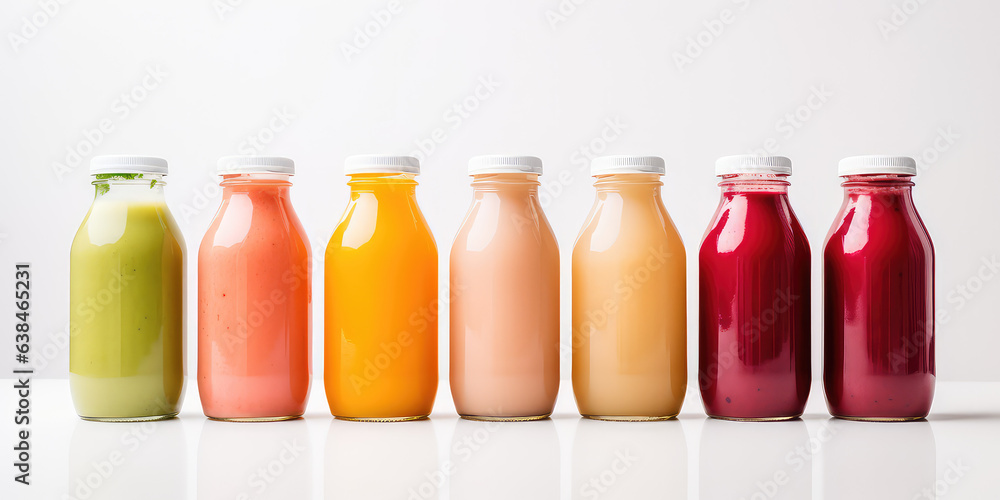 Lineup variety of cold - pressed juice in bottles isolated on white background. Lineup variety of cold - pressed juice in bottles isolated on white background.