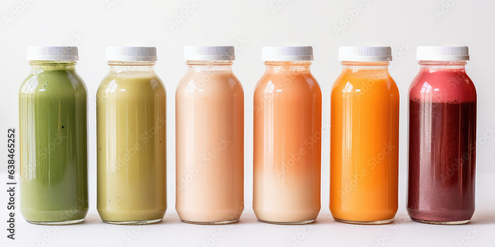 Lineup variety of cold - pressed juice in bottles isolated on white background. Lineup variety of cold - pressed juice in bottles isolated on white background.