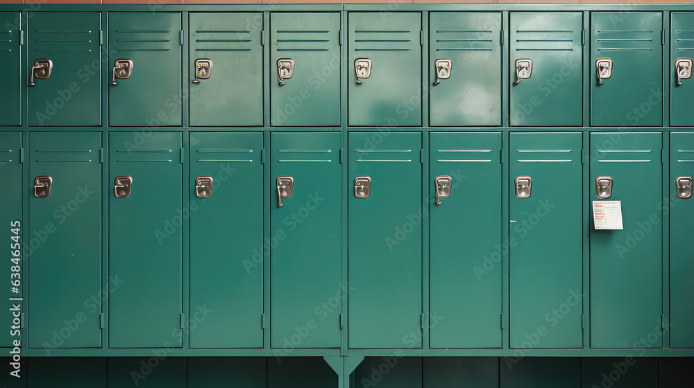 Сloseup of school locker. Minimal style creative wallpaper with many school metal lockers. 