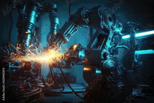 A welding robot working on the assembly line, AI generated