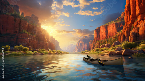 Canoe on the lake in a canyon  sunrise  illustration