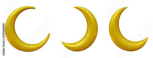 Set of Islamic crescent moon icon in 3d rendering isolated on transparent background in golden color. Symbol shape design for islamic, religion, ramadan and eid concept. photo