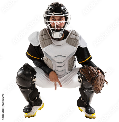 Obraz na plátně Man in helmet sitting in uniform and helmet, baseball player isolated on transparent background