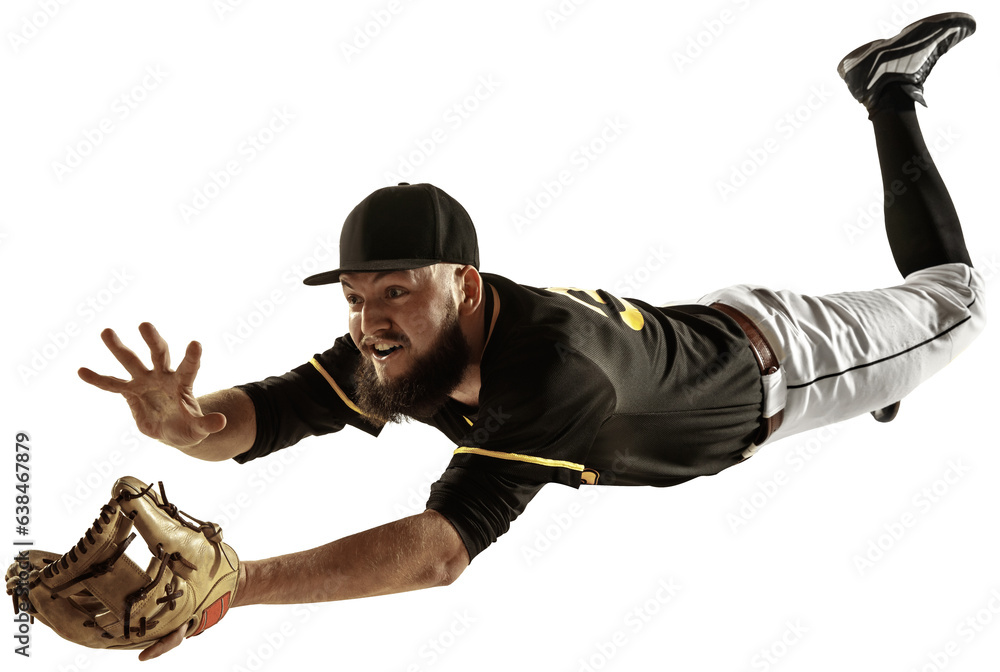 Man, baseball player in motion, catching ball and falling down isolated on transparent background. Concept of professional sport, hobby, competition, game, active lifestyle. Man, baseball player in motion, catching ball and falling down isolated on transparent background. Concept of professional sport, hobby, competition, game, active lifestyle.