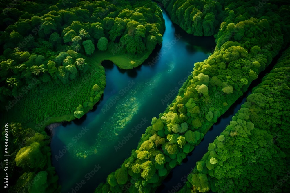 A river passing through a rainforest, aerial view. The emerald green foliage forms a lush carpet