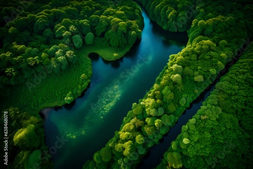 A river passing through a rainforest  aerial view. The emerald green foliage forms a lush carpet