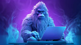 Illustration of a purple yeti sitting in front of a laptop