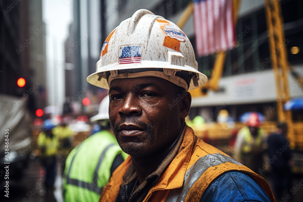 Vibrant photography that captures the essence of Labor Day, Close-up of a hard-wearing construction worker drenched in sweat Vibrant photography that captures the essence of Labor Day, Close-up of a hard-wearing construction worker drenched in sweat