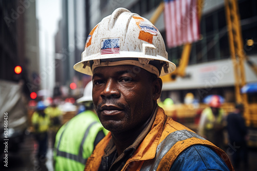 Vibrant photography that captures the essence of Labor Day, Close-up of a hard-wearing construction worker drenched in sweat