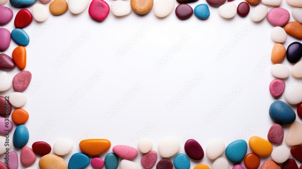 An arrangement of colorful stones on white background with copy space An arrangement of colorful stones on white background with copy space