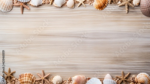 A harmonious arrangement of starfish and seashells, creating a rustic and natural texture for interior decor, set against a blank background with copy space