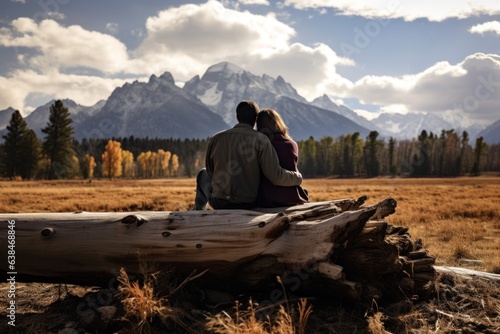 A couple sitting on an old log enjoying the beauty of the nature. Mountains in the background.
