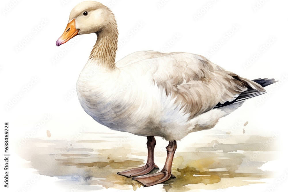watercolor goose in the water with splashes on white background