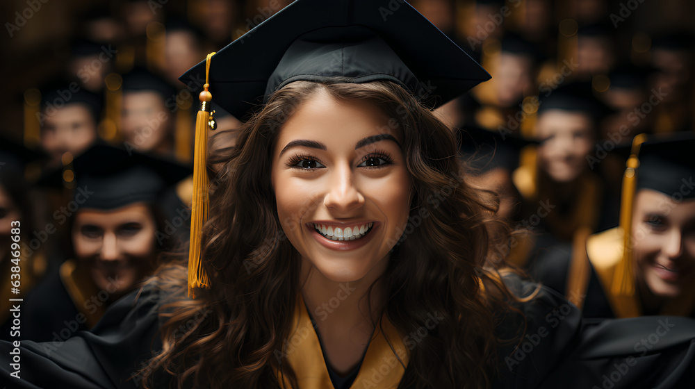 Obraz premium selective focus of happy graduate in cap and gown looking at camera