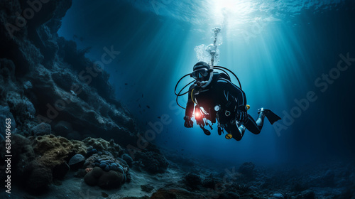 Illustration of a scuba diver exploring the vibrant underwater world © NK