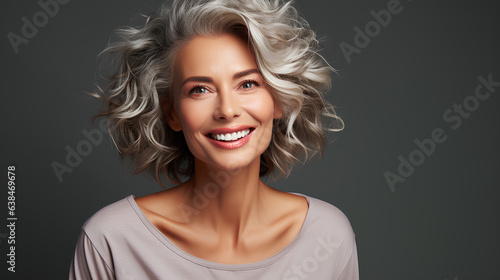 Portrait of a smiling woman with curly hair over grey background