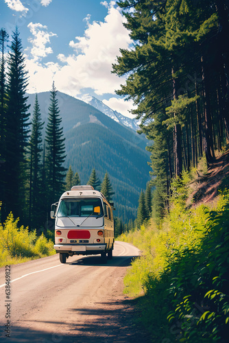 Road adventures on a camper, an exotic kind of outdoor recreation. Generative AI.
