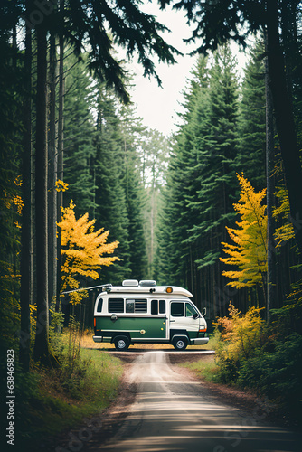 Road adventures on a camper, an exotic kind of outdoor recreation. Generative AI.