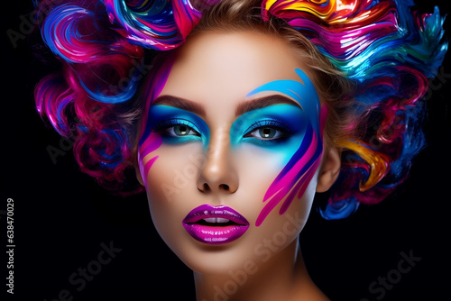 Fashion model woman face with fantasy art make-up. Bold makeup, glance Fashion art portrait, incorporating neon colors. Advertising design for cosmetics, beauty salon. Generative Ai content photo
