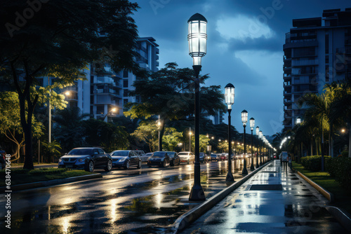 Energy-Efficient Lighting. LED streetlights illuminating a city  illustrating the adoption of energy-saving measures for a sustainable climate. Generative Ai.
