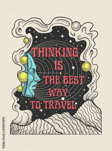 space trip, man cognizes space, psychedelic picture, retrofuturism. thinking is the bet way of travel