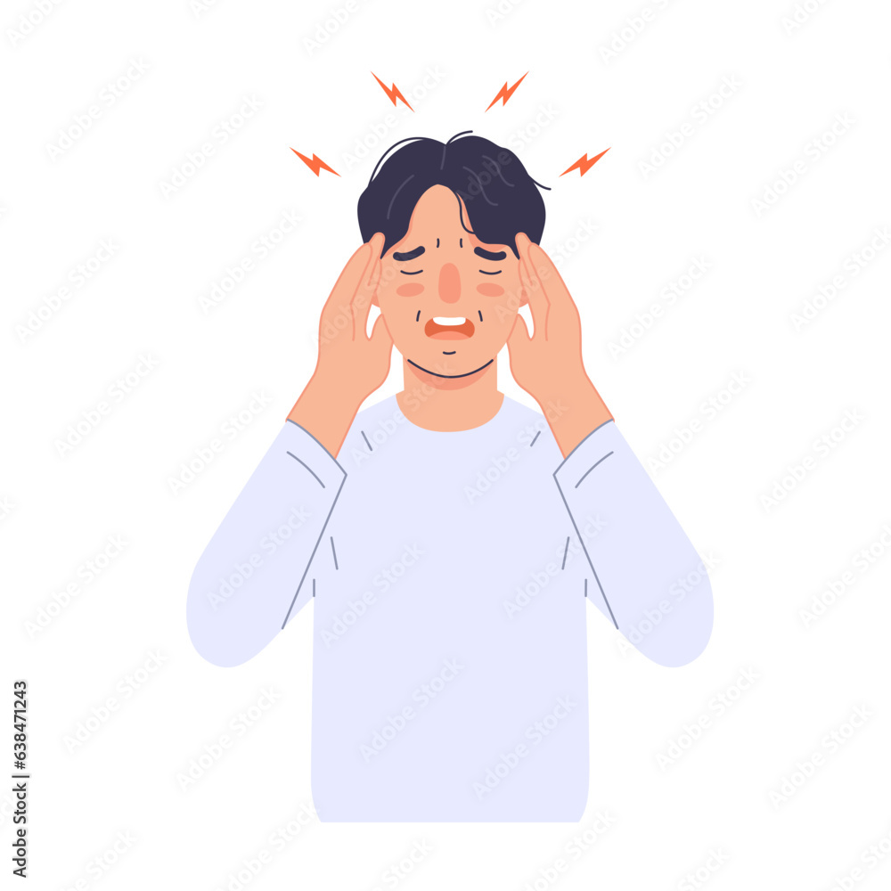 Man with migraine holding his head. modern trendy style. Hand drawn vector character illustration. Isolated on white background. Man with migraine holding his head. modern trendy style. Hand drawn vector character illustration. Isolated on white background.