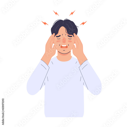 Man with migraine holding his head. modern trendy style. Hand drawn vector character illustration. Isolated on white background.