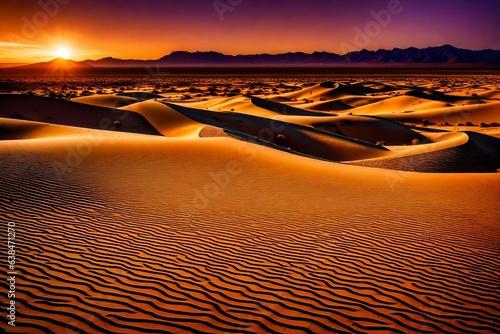 A vast desert landscape  stretching as far as the eye can see. Sand dunes rise and fall like waves frozen in time  their golden hues illuminated by the setting sun.