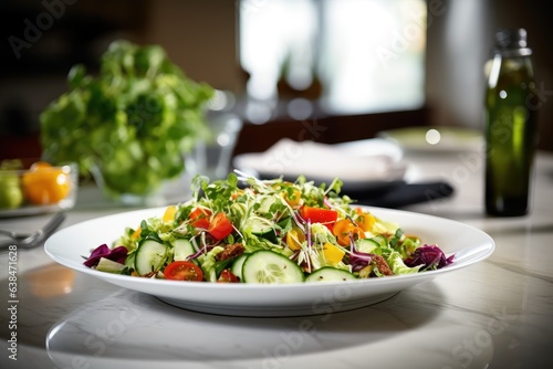 Healthy vegetable salad of fresh tomato  greenery  spinach  lettuce and sesame on plate. AI Generated