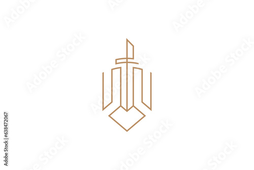 Shield logo with sword in continuous line design concept
