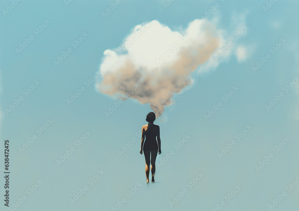 woman man dream adult black dramatic creative leaking poster cloud idea concept. Generative AI.
