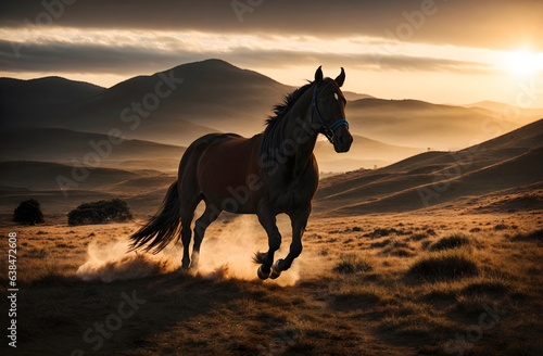 Beautiful scene with wild horse running trough field leaving dust behinds, with mountains in the background 
