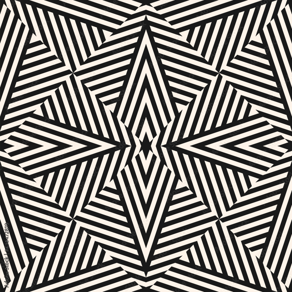 Vector geometric seamless pattern with stripes, broken lines, repeat tiles. Black and white creative psychedelic design. Monochrome optical art texture. Retro fashion background. Geometrical pattern