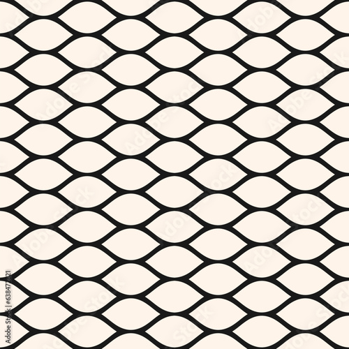 Vector abstract seamless pattern. Simple black and white geometric texture. Monochrome illustration of wavy mesh, lattice, grid structure. Endless abstract minimal background. Repeat decorative design