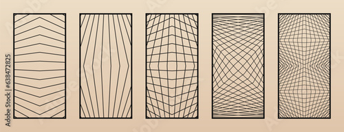 Set of modern laser cut panels. Abstract geometric patterns with thin line cube grid, optical illusion effect. Decorative stencil for laser, CNC cutting of wood, metal, acrylic. Aspect ratio 1:2